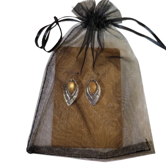 Amber Orange Cabochon Teardrop Dangle Earrings Silver Tone Leaf w/ Gift Bag - Picture 7 of 7